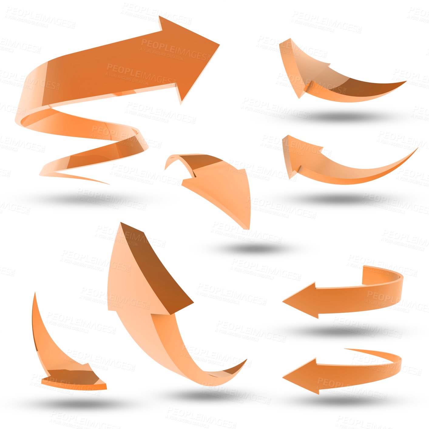 Buy stock photo Arrow, 3D and orange icon with direction, graphic or vector of symbol collection on a transparent PNG background. Isolated illustration with pointing lines, logo or sticker for color sign or signal