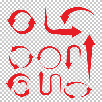 Buy stock photo Arrow, guide and red icon with symbol, graphic or vector of collection or direction on a transparent PNG background. Isolated illustration and pointing lines, logo or sticker for color sign or signal