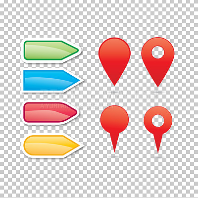 Buy stock photo Arrows, sign and creative with illustrations, icon and graphic design isolated on a transparent background. Png, artistic and symbol for directions and pinpoint with emoji, color and notification