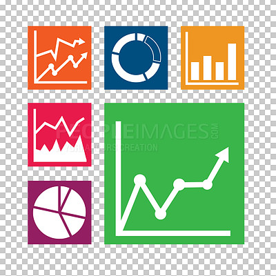 Buy stock photo Graphs, charts and statistics with icons, arrows and symbols for investment, data and growth. Diagrams, information and figures on png, isolated and transparent background for company reviews
