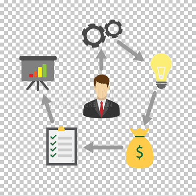 Buy stock photo Flowchart, lightbulb and development with idea, icon and arrow for business, profit and growth. Graphic illustration, graph and business plan on png, isolated and transparent background for startup