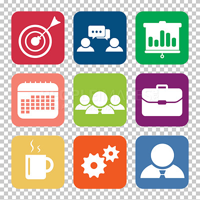 Buy stock photo Illustration, icons and logos for business or social media in png background. Graphics, symbols and badges for target planning, resource development or time management on transparent backdrop