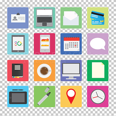 Buy stock photo Logos, icons and emojis for phone homepage, user interface and digital marketing on png, isolated and transparent background. Symbols, badges and emblems for websites design, computer and app