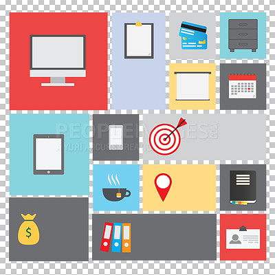 Buy stock photo Website, design and business with office icons, laptop and creative technology for illustration notification. Abstract, graphic and digital art, logo and work on isolated transparent png background