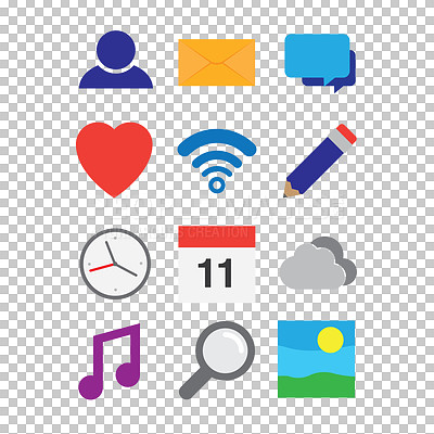 Buy stock photo Illustration, icons and logos, abstract for business or social media dashboard with transparent, isolated png background. Graphics, symbols and bagdes for digital marketing and time management