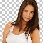 Beauty, face and a sexy woman with beautiful skin and hair on a png, transparent and isolated or mockup background. Portrait of a hot brunette girl from Brazil looking serious and confident