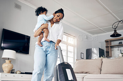 Buy stock photo Multitasking, baby and mother with phone call for talking, carpet cleaning and house keeping with household maintenance. Woman, child and speaking to contact with vacuum for conversation and chores