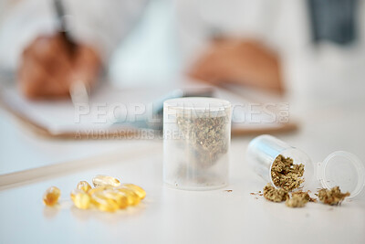 Buy stock photo Cannabis pills, weed and medical marijuana medicine given by a professional doctor at wok with mockup space. Healthcare worker writing 420 natural drug treatment and capsule medication in hospital