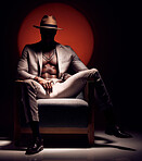 Silhouette man, fitness or fashion on studio black, red background light with body skin, strong stomach or abs muscles. Powerful, creative or classy art of healthy model in suit clothes in dark room