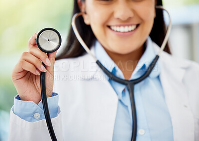 Buy stock photo Healthcare, medicare and hospital planning by doctor holding stethoscope, excited to help, diagnose and cure disease. Health care professional happy and ready for medical appointment or consultation