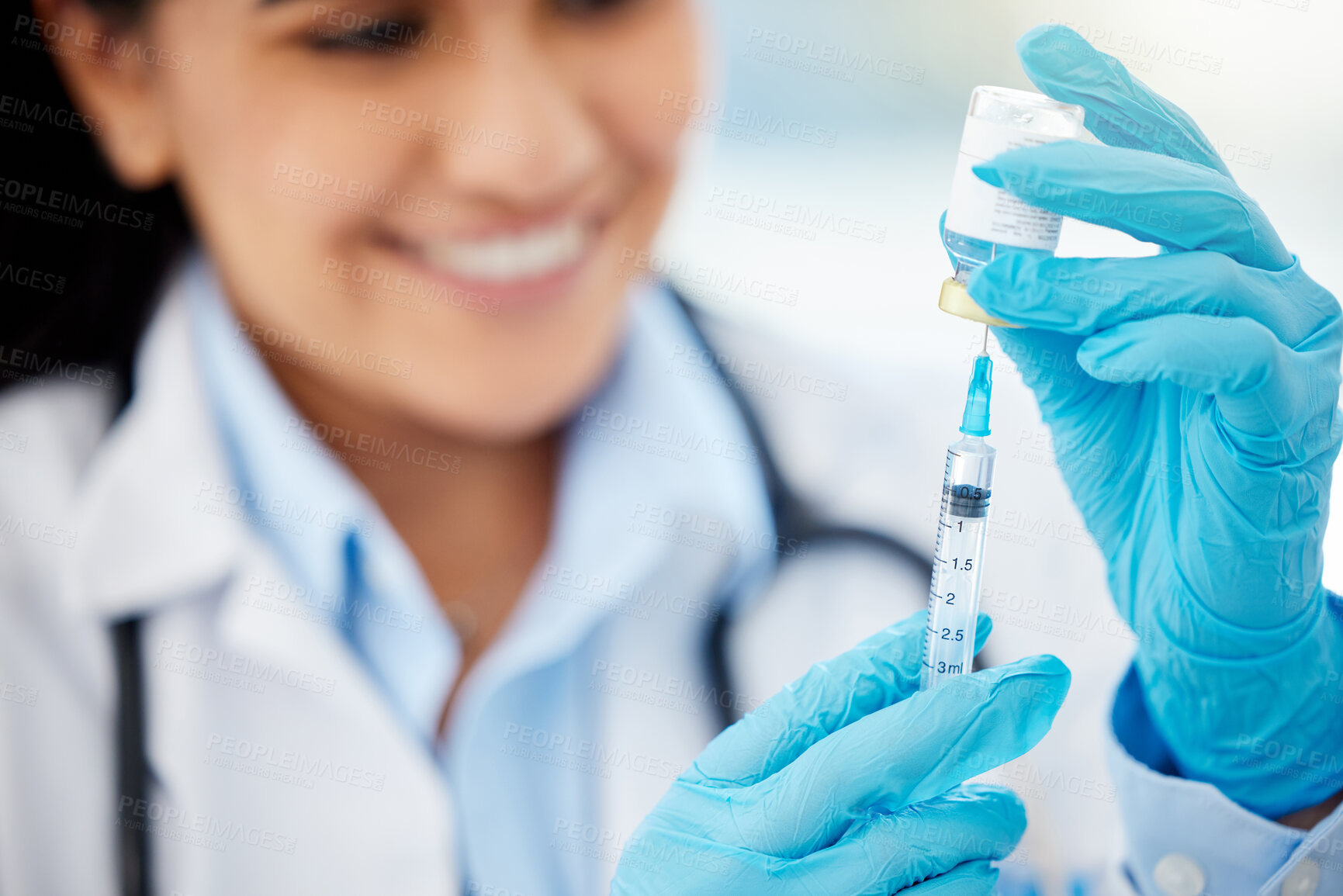 Buy stock photo Doctor or medical worker with covid vaccine injection at hospital or laboratory close up. Hands of healthcare woman with medicine and shot to help with health, wellness and immunity booster