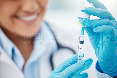 Buy stock photo Doctor extracting medication from medicine vial with syringe in hospital or healthcare professional working at clinic. Vaccine treatment, or covid flu shot for sickness and medical nurse smiling.