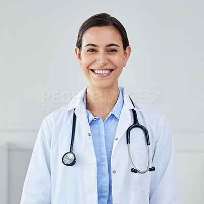 Buy stock photo Smile doctor, surgeon and medical therapist working in hospital or clinic for medical insurance, wellness and medicine. Portrait of happy woman, healthcare expert and professional cardiology worker