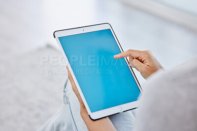 Buy stock photo Social media, online shopping and surfing the internet, woman on a tablet in hand. Ecommerce, working or payment online, work online. Communication in ux app, digital technology and browsing the web.