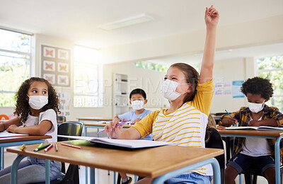 Buy stock photo Learning, education and classroom in covid pandemic with students wearing face mask for protection against the spread of the virus or diseases. Clean inside school with dedicated and smart children