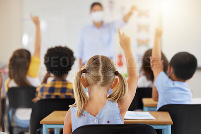 Buy stock photo School students raising hands to volunteer, participate and answer during lesson while learning in a classroom. Teacher asking questions to eager, smart and clever young kids questions for education