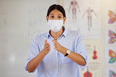 Buy stock photo Pandemic, mask and doctor talking at school career presentation or parent and teacher meeting. Covid protocol and restrictions in education for illness protection for staff and children at risk.