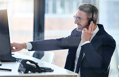 Buy stock photo Call center agent talking to people online with computer at work, consulting on internet at telemarketing company and giving advice in office. Customer service worker in communication on web