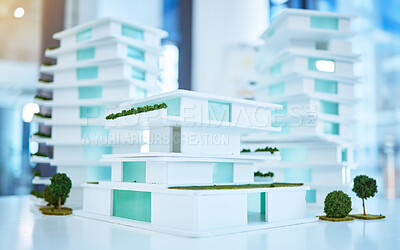 Buy stock photo Architecture, design and construction site model of 3d building project management idea. Creative, innovation and vision with engineering company planning on office building space