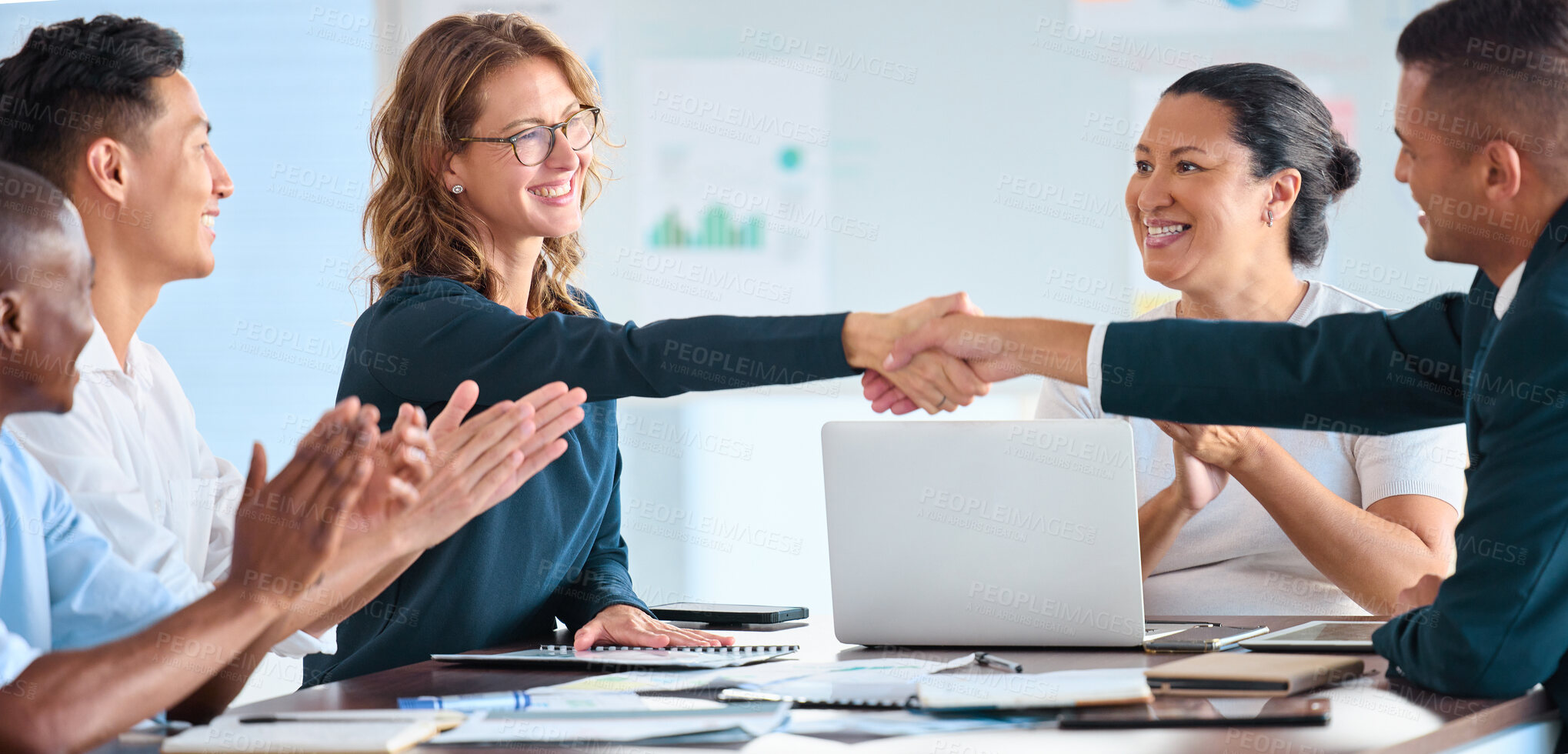 Buy stock photo Deal handshake of business people in business meeting for trust, cooperation and collaboration. Welcome of B2b company leader in partnership strategy or teamwork with corporate business in boardroom