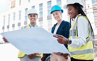 Buy stock photo Architect, blueprint or building engineer meeting or planning architecture design strategy outside. Group diversity, construction teamwork or female property leader with real estate innovation vision