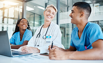 Buy stock photo Doctor, nurses and laptop meeting with and medical lab data for idea innovation in medicine research at hospital clinic. Smile, happy and motivation healthcare teamwork planning surgery for insurance