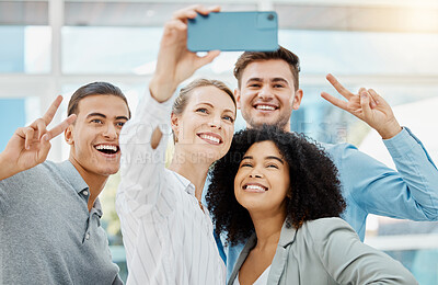 Buy stock photo Business people talking selfie on mobile phone at work, peace hand sign and happiness during team collaboration in an office. Manager doing teamwork with smartphone and taking photo with employee