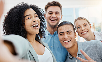 Buy stock photo Fun, diversity and happy business people selfie for office team, company designer or global startup for about us social media website. Portrait of smile, motivation or energy workers of men and women