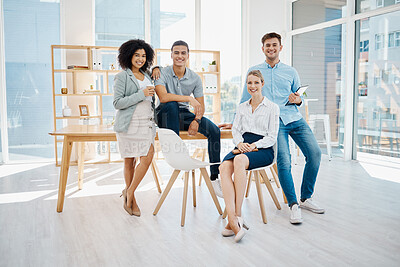 Buy stock photo Teamwork, collaboration and business people happy working in corporate, digital agency or office building. Business meeting, innovation and communication with digital marketing or advertising company