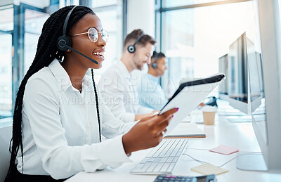 Buy stock photo Contact us, customer support and happy call center consultant working in office, smiling while helping clients. Young professional female enjoying provide good online or virtual service and advice