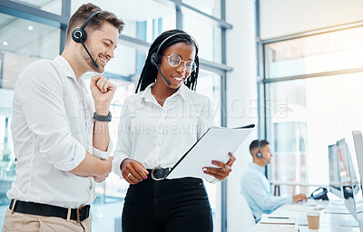 Buy stock photo Call center, telemarketing and about us CRM consultants reading faq and qa training manual in a modern office. Collaboration, teamwork and diversity with man and woman at a customer support agency