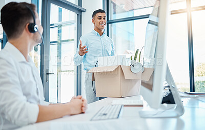 Buy stock photo Customer service and web help worker new job ready to work on his first day. Happy crm internet and telemarketing call center trainee unpacking boxes to start with tech contact us consulting career
