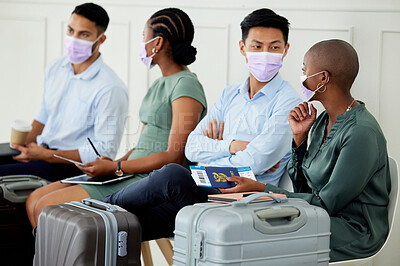 Buy stock photo Covid, travel and compliance, men and women at airport with mask waiting for an airplane. Safety, security and diversity, a group of people, ticket and passport in hand and going on a  business trip.