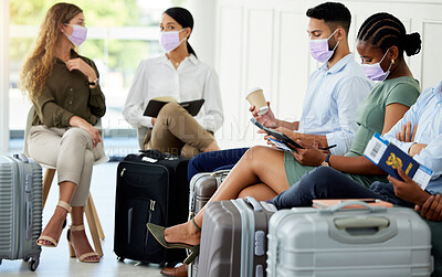 Buy stock photo Diversity, covid and travel of people at an airport waiting to board a plane with their passport and mask. Group of business employees follow safety protocol for traveling with luggage in pandemic.