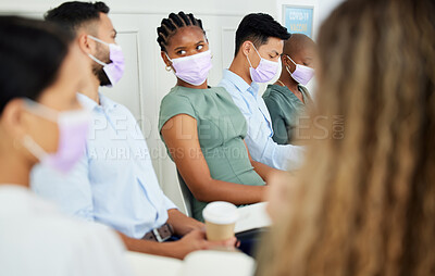 Buy stock photo Covid, mask and workshop with business people in a conference or presentation for training, learning and education. Man and woman talking in a meeting or seminar during the corona virus epidemic