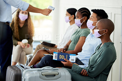 Buy stock photo Covid, travel and airport with security scanning a woman with an infrared thermometer for temperature. Immigration, restrictions and passport with a female passenger getting ready to board a flight