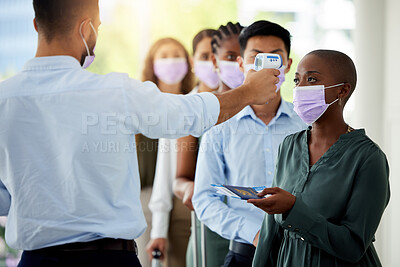 Buy stock photo Covid, travel and passport at airport security with thermometer check and black woman. Vaccine, immigration and pandemic virus with safety compliance rules and regulations for people traveling 