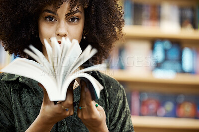Buy stock photo Scholarship, books and girl student in library learning, studying and reading educational knowledge or information. Young, smart and afro black woman on university or college campus with school novel