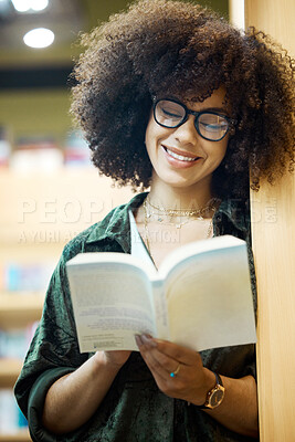 Buy stock photo Library, books and education with a woman student reading in a bookstore on university or college campus. Study, scholarship and learning for an exam and test for knowledge, growth and development