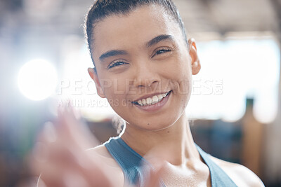 Buy stock photo Fitness, health and training with a portrait of a personal trainer looking happy and ready to assist on a gym membership. Smiling woman excited about a balanced lifestyle with exercise and coaching