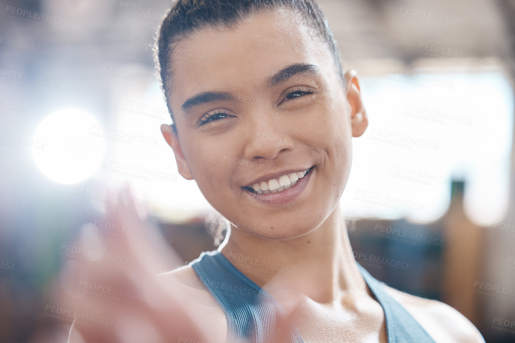 Buy stock photo Fitness, health and training with a portrait of a personal trainer looking happy and ready to assist on a gym membership. Smiling woman excited about a balanced lifestyle with exercise and coaching