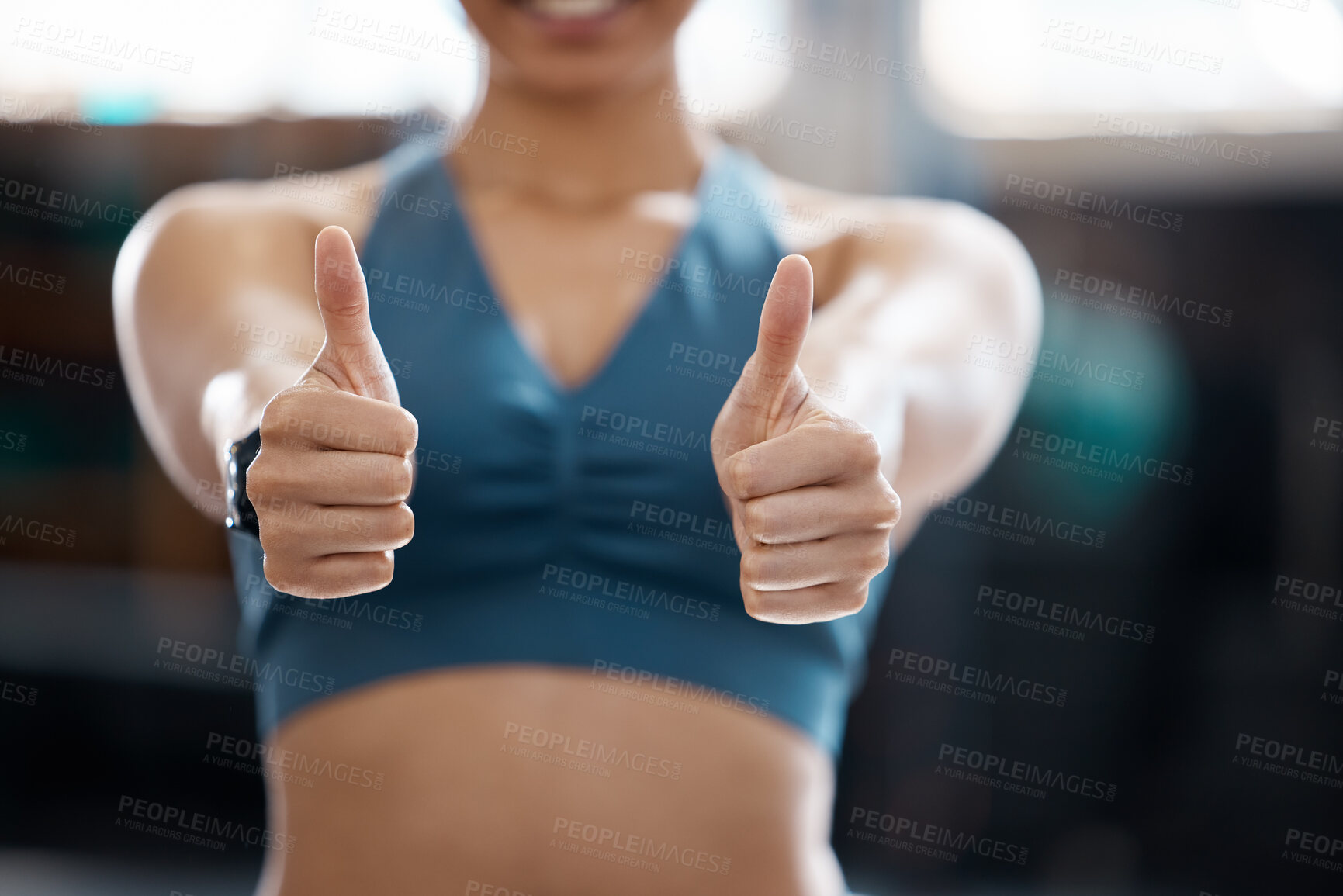 Buy stock photo Woman, fitness and thumbs up to health, workout and training to live an active, wellness and healthy lifestyle with gym. Personal trainer, yes and thank you for positive energy in our sports club