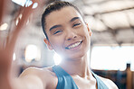 Sports, fitness and selfie with a woman in gym for training, exercise and health. Portrait of a young female athlete exercising and working out in a health club for wellness, sport and lifestyle