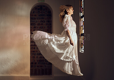 Buy stock photo Ghost of senior woman, looking at stained glass and floating over floor of building or cathedral. Elderly soul, phantom or dead spirit staring at beautiful window at a chapel or church after funeral
