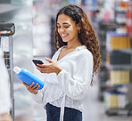 Woman shopping, phone and price check for inflation increase or discount coupon code. Young girl consumer calculating grocery tax of supermarket budget toiletries options on the shelf. 