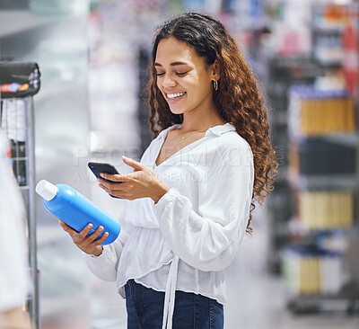 Buy stock photo Woman shopping, phone and price check for inflation increase or discount coupon code. Young girl consumer calculating grocery tax of supermarket budget toiletries options on the shelf. 