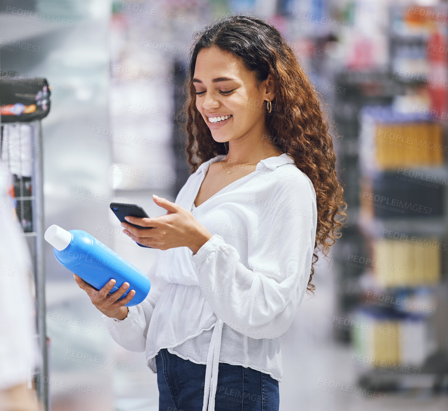 Buy stock photo Woman shopping, phone and price check for inflation increase or discount coupon code. Young girl consumer calculating grocery tax of supermarket budget toiletries options on the shelf. 