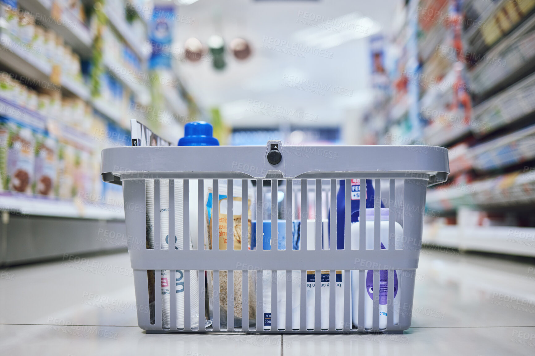 Buy stock photo Supermarket, grocery and store basket on floor with food product, healthcare goods and grooming wellness shopping. Zoom on retail sales groceries in inflation economy after commerce financial budget