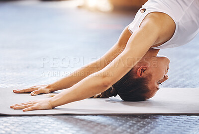 Buy stock photo Yoga, balance and wellness with active fitness woman for health at gym or an exercise or pilates class. Training, workout and downward facing dog pose while exercising for a healthy and fit body