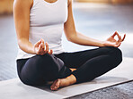 Meditation, wellness and zen woman doing yoga, pilates or meditate for spiritual energy, mind and mindset health. Mindfulness, lotus and a girl sitting on floor to relax, peace and breathing exercise